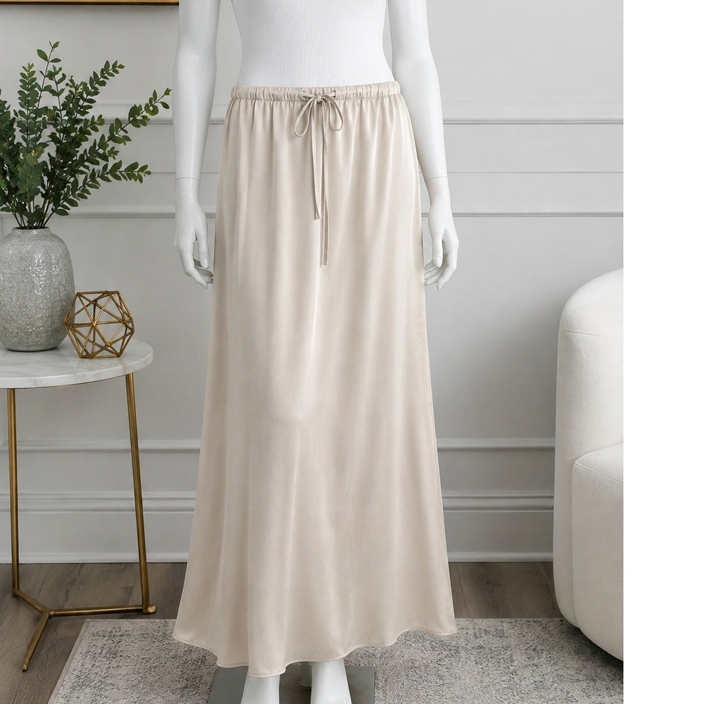 Song of Style Womens Midi Skirt Beige Satin Elastic Drawstring Waist XL